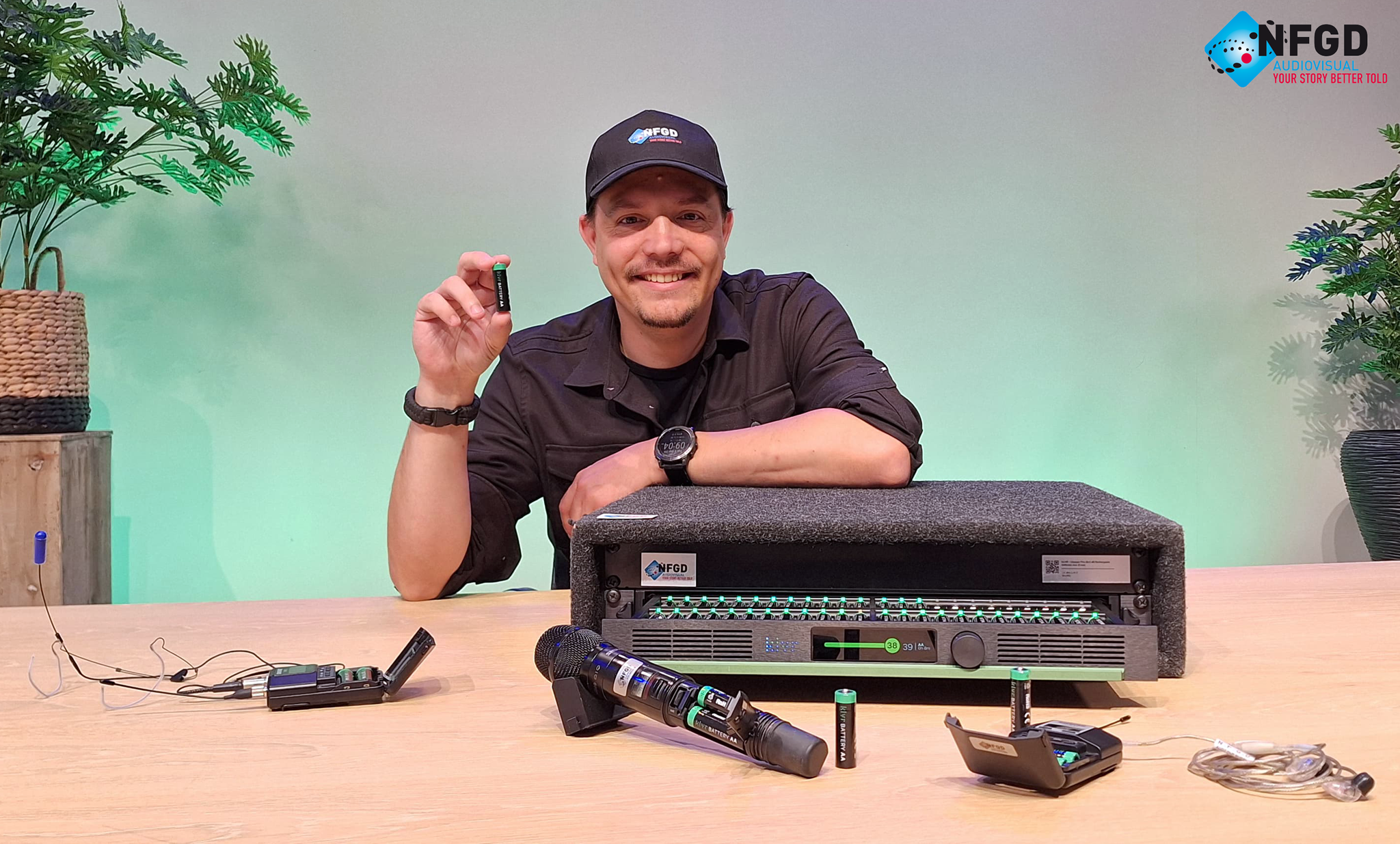 NFGD employee showing the KLVR Charger Pro and batteries
